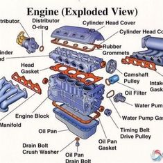 an engine diagram with parts labeled in the top right corner and bottom left corner,