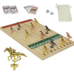 a wooden board game set with horse and jockey figures