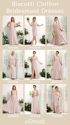 the bridesmaid dresses are all in different styles and colors, including one with long sleeves