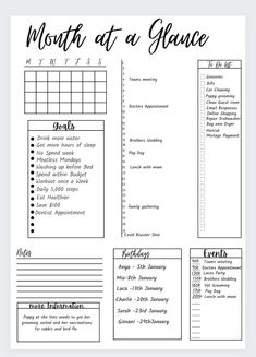 a printable month at a glance calendar with the words, months and numbers on it