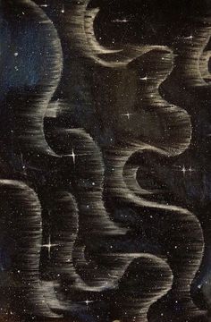 an abstract painting with stars and swirls in the night sky, on black paper