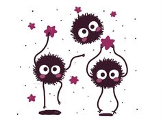 three black and white cartoon characters with pink stars