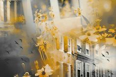 an artistic painting with yellow flowers and birds flying over the building's window sill