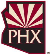 the phx logo is shown in red, white and black colors with an orange sunburst