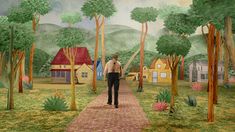 a painting of a man walking down a path in the woods with houses on either side