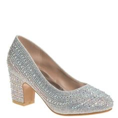 a women's silver high heeled shoe with sparkling crystals on the upper part