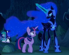 three ponies standing next to each other in the dark