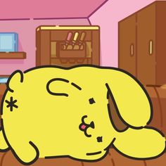 a yellow dog laying on top of a wooden floor next to a pink wall and cupboards