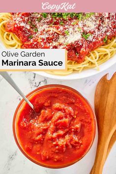 a bowl of marinara sauce next to a wooden spoon