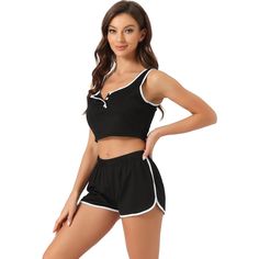 This soft fabric and breathable loungewear set for women is constructed of 65% Cotton and 35% Polyester fabric, comfy, moisture-wicking, breathable, and skin friendly. Featuring sleeveless 2 piece outfits, rib-knit shorts set, high waist, solid color, square neck button-down crop tank, and elastic waist shorts design, make you feel cozy all night, enjoy a comfortable sleep and sweet dream.No matter the cozy bedtime, casual home relax, laze afternoon, comfy bath, the soft loungewear could company High Waist Shorts Outfits Women, Black Comfy Shorts Outfit, Comfy Shorts Outfit, Black 2 Piece Outfit, High Waisted Shorts Outfit, Shorts Design, Tank Top And Shorts, Black Crop Top Tank, Shorts Outfits Women