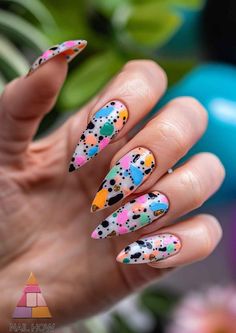 Unleash your inner artist with these long, stiletto nails featuring a playful polka dot party of pastel and neon spots, accented with luxurious gold flakes. Perfect for those who love a splash of color and a touch of whimsy! Dive into more eye-catching designs at nailhow.com. Cute Short Nails For Summer, Short Nails For Summer, 2023 Nails Ideas, Summer Nails Simple, Summer Nails Colors Designs, Beach Nail Art, Beach Nail, Summer Nail Ideas, Cute Short Nails