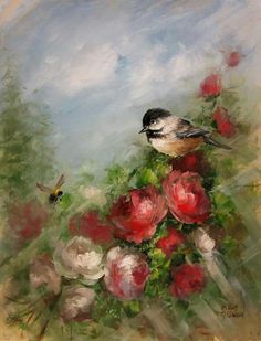 a painting of a bird sitting on top of flowers with a bee in the background