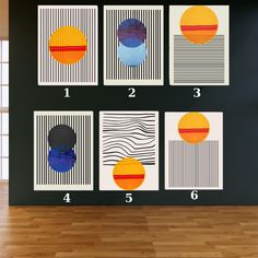 four different paintings on a wall with numbers and shapes in the middle one is blue, yellow, orange, and white