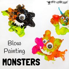 three different colored monster puppets on a white board with words blow painting monsters written in black