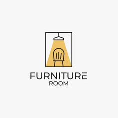 the logo for furniture room, with a chair in front of an open door and a yellow light above it