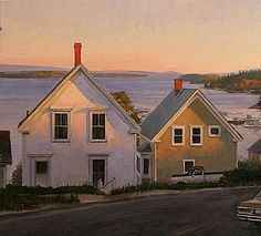 a painting of two houses next to each other on the side of a road with a car parked in front of them