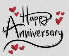 an anniversary card with hearts and the words happy anniversary written in black ink on a white background