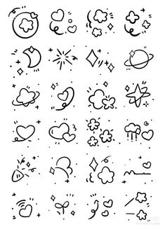 the different shapes and sizes of doodles are shown in black ink on a white background