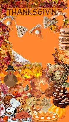 a thanksgiving card with an orange background and lots of different items in the fall colors