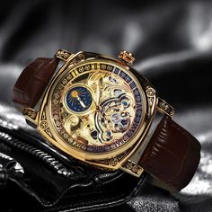 Just found this amazing item on AliExpress. Check it out! $71.31 | Retro Square Carved Mechanical Watches Moon Phase Tourbillon  Gold Automatic Watch for Men Casual Genuine Leather Belt AOKULASIC Genuine Leather Belt, Moon Phases, Watch Design