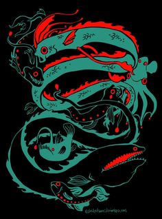 an image of some kind of artwork with different colors and shapes on black background, including red