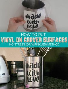 a person holding up a cup with the words vinyl on it and whisks in it