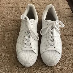 All White Adidas Superstars. Never Worn Outside. Adidas Superstar All White, All White Adidas, Adidas Trail Running Shoes, Adidas Ultraboost Dna, Adidas Super, Adidas Superstars, Adidas Swift Run, Adidas Tennis Shoes, Leopard Sneakers