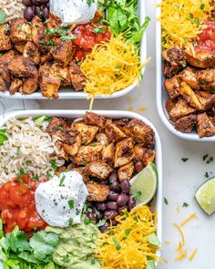 three trays filled with chicken, rice and beans next to lime wedges on the side