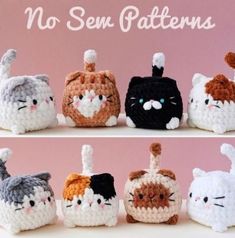 several crocheted cat purses are shown in different colors and sizes, with the caption no sew patterns