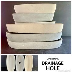 three white bowls stacked on top of each other with the words optimal drainage hole above them