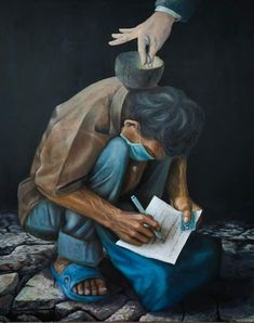 a painting of a man sitting on the ground with his head down and writing in a notebook