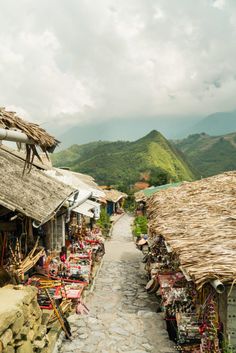 a stone path leads up to a small village with thatched roofs and straw huts