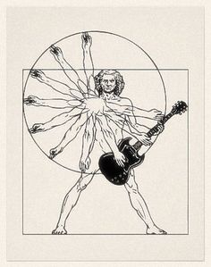 a black and white drawing of a man holding a guitar in front of his body