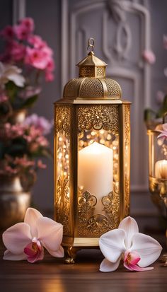 a lit candle sitting on top of a wooden table next to some flowers and candles