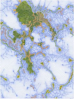 a blue and green map with lots of trees in the middle, surrounded by water