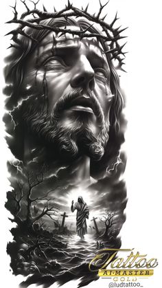 a black and white drawing of jesus with the crown of thorns on his head