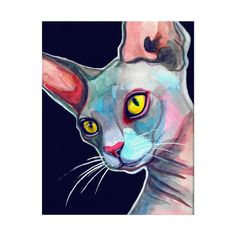 a painting of a sphydrah cat with bright yellow eyes and pink ears