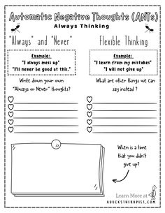 Learning to address ANTS as a kid can be such an important skill to have as you get older! Check out aduckstherapist.com for hundreds of free resources Automatic Negative Thoughts, Mindful Activities For Kids, Child Therapy Activities, Flexible Thinking, Counseling Worksheets, Get To Know You Activities, Social Emotional Activities, Mental Health Activities, Letter Tracing Worksheets