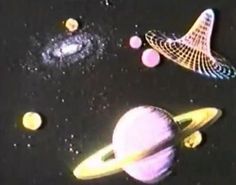 several different types of objects floating in the air with stars and planets around them on a black surface