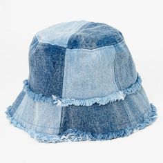 Denim never goes out of style! This groovy bucket hat features a patchwork design of different shades of blue denim, accented with fringe-like raw edges. You'll look so stylish as you create some shade on your head during hot weather. One size Inner circumference: 22.25 in./57cm Material: Cotton - Claire's Blue Denim Patchwork Bucket Hat Gender: female.  Age Group: adult. Bucket Hat Inspo, Jean Bucket Hat, Cute Bucket Hats, Patchwork Bucket Hat, Pola Topi, Bucket Hat Outfit, Popular Hats, Upcycle Clothes Diy, Denim Bucket Hat