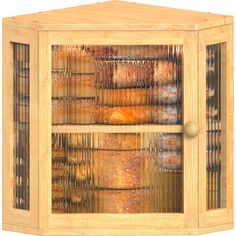 a wooden cabinet filled with lots of different types of bread and pastries in it