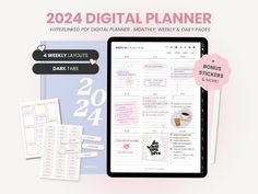 the digital planner is displayed on a tablet with papers and stickers next to it