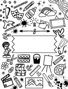 a black and white drawing of various items that are in the shape of a frame