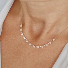 14k Solid Gold Illusion Setting Baguette Diamond Statement Necklace – Ferkos Fine Jewelry Collaring Ceremony, Vintage Diamond Necklace, Diamond Statement Necklace, Asian Bridal Hair, Delicate Diamond Necklace, Simple Necklace Designs, Diamond Necklace Simple, Ring Jewellery Design, Delicate Gold Necklace