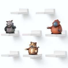 five different cartoon animals sitting on white shelves