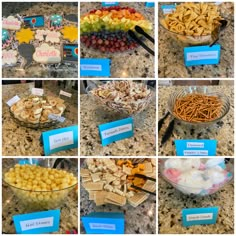 a bunch of pictures showing different types of snacks on the counter top, including crackers and grapes