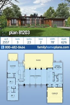 the floor plan for this modern home is shown in blue and white, with two levels to