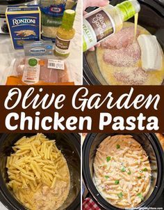 crock pot chicken pasta recipe in the crock pot with ingredients to make it