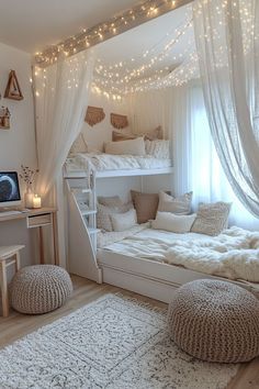 a bedroom with bunk beds and lights in the ceiling, rugs on the floor