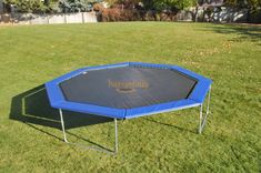 a trampoline in the middle of a yard with grass and trees behind it